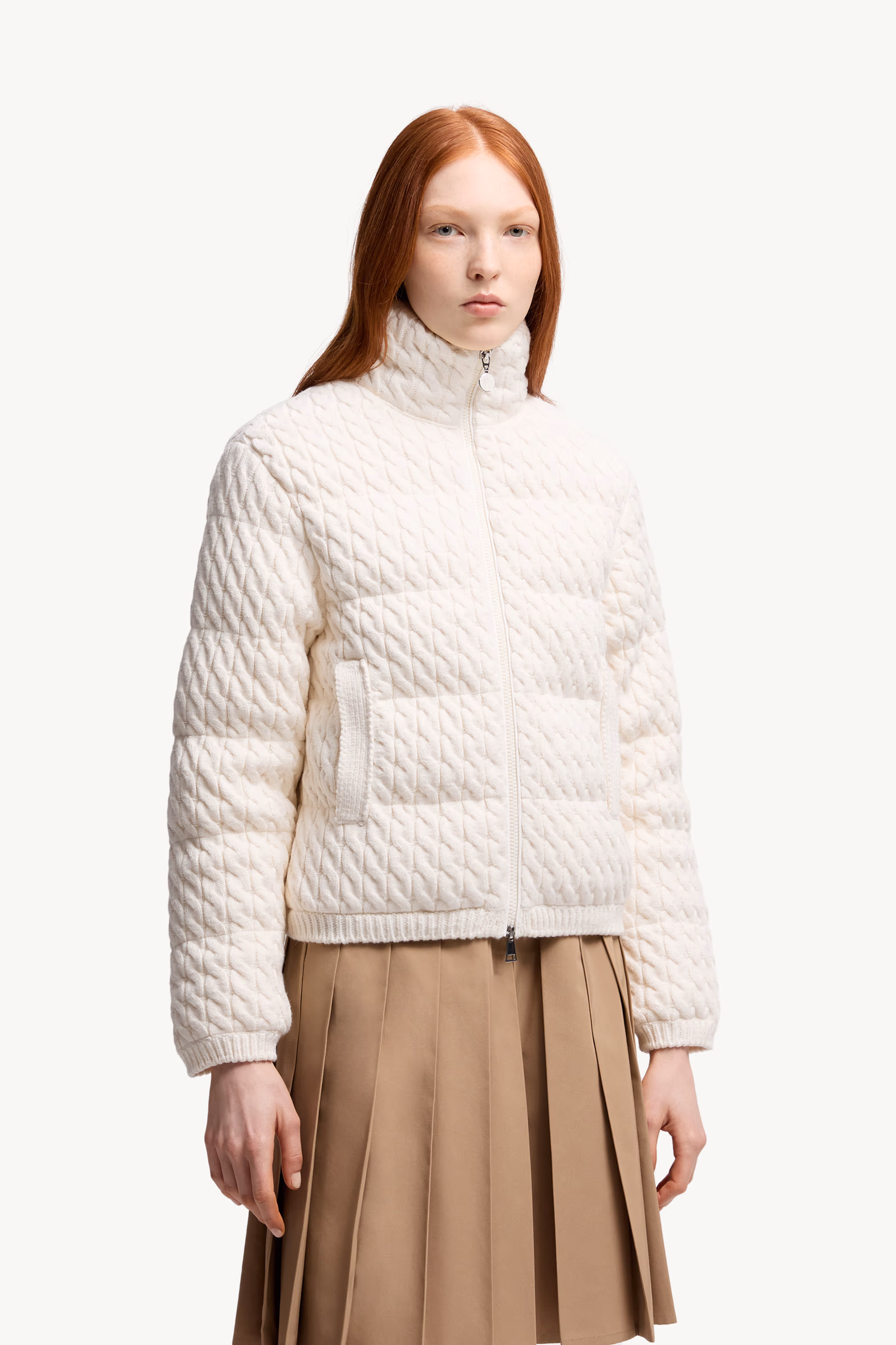 Cardigan zippé matelassé en coton et laine Femmes Blanc Moncler 3